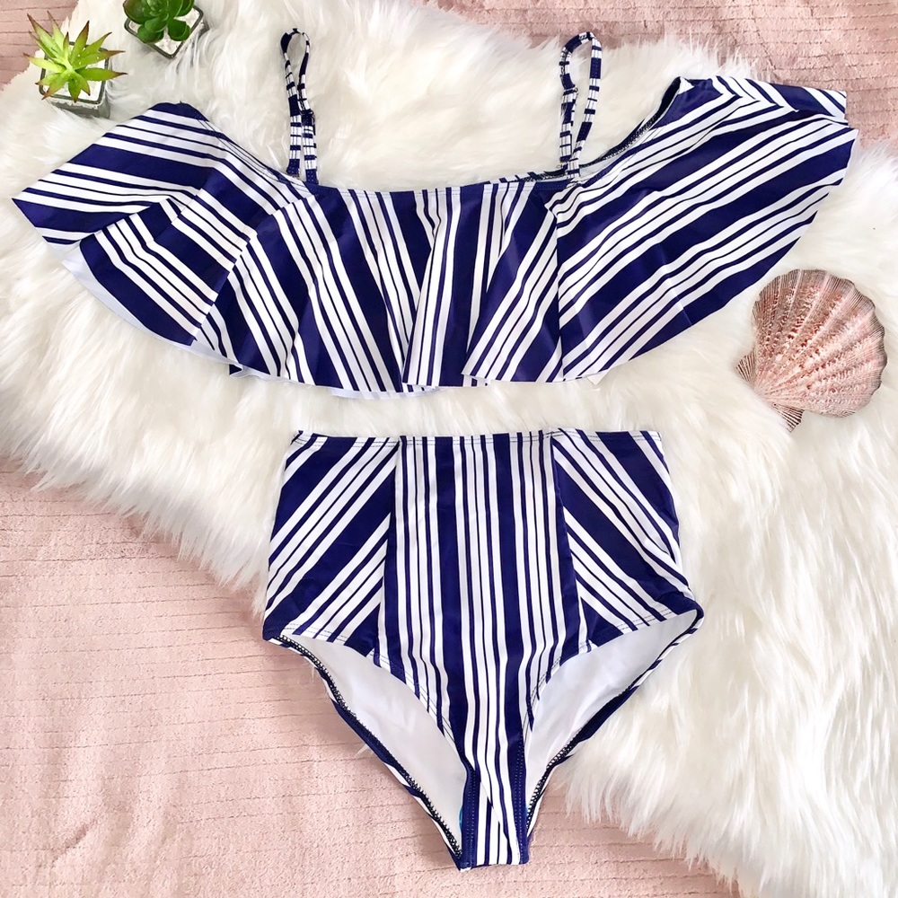 Off the Shoulder Navy and White Two Piece 👙
